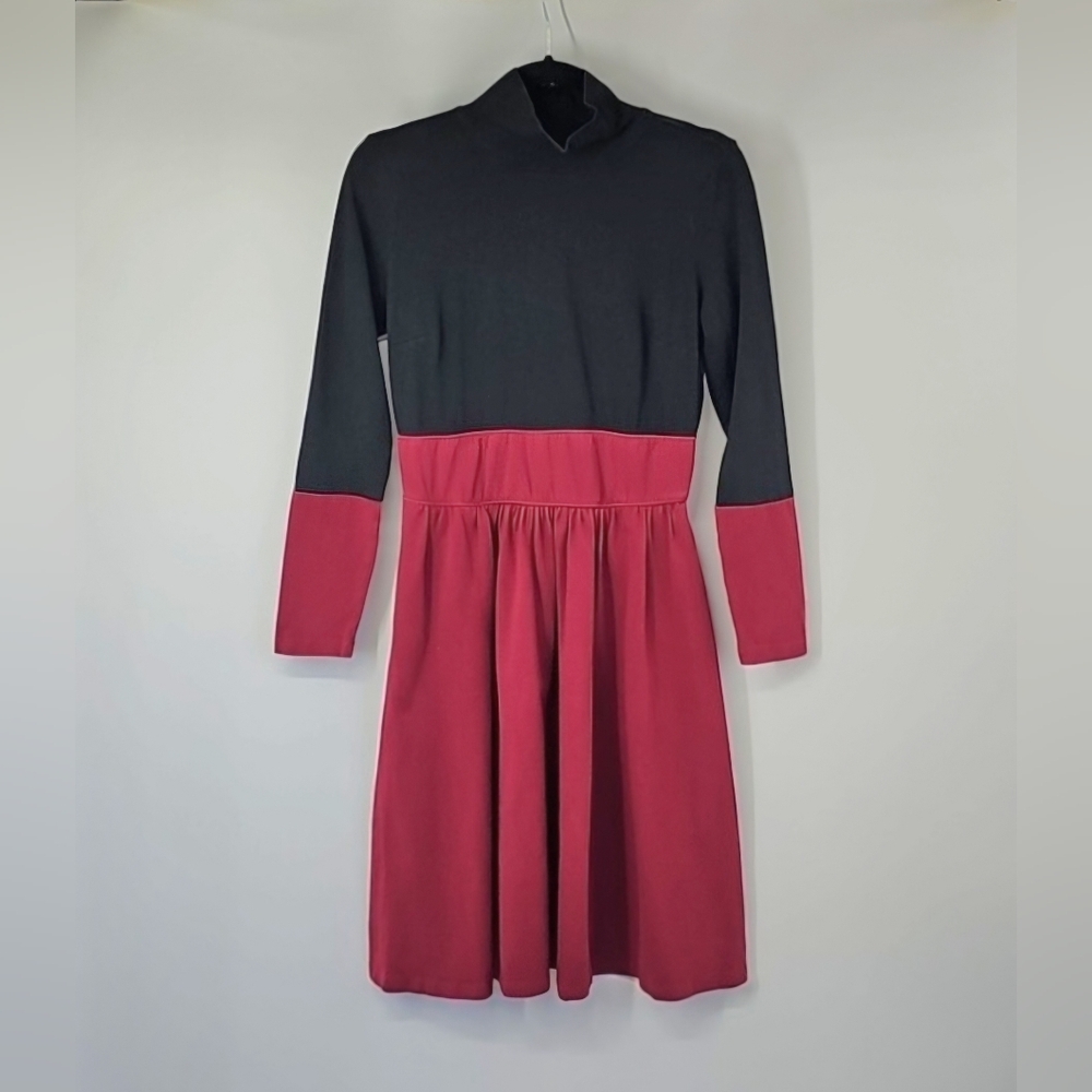 Eshakti Oxblood Red & Black Cottagecore Rustic Mock Turtleneck Dress‎ wPockets
